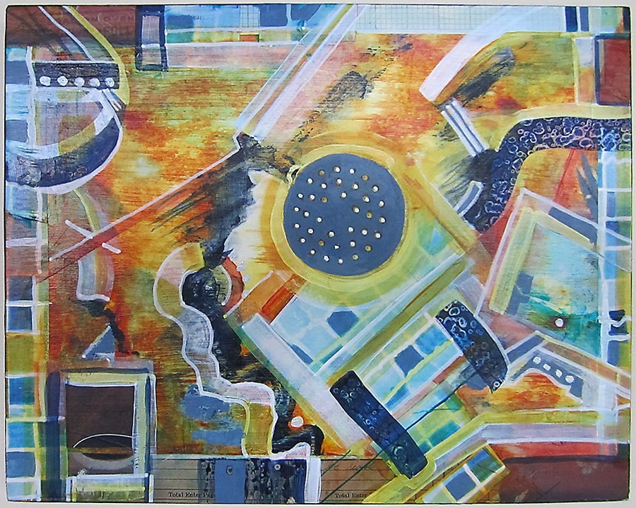 Abstract painting in ochre, turquoise and slate with overlapping painted panels, ruled lines and a dark blue disc studded with dots at the centre